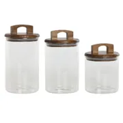 Conjunto de 3 Potes Home ESPRIT Castanho Transparente Acácia Vidro de Borosilicato 650 ml 900 ml 1 L 3 Peças Cozinha | Gourmet - nacloset