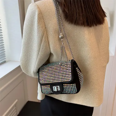 Bolsa transversal feminina com corrente cravejada de diamantes Carteiras e Bolsas - nacloset 3
